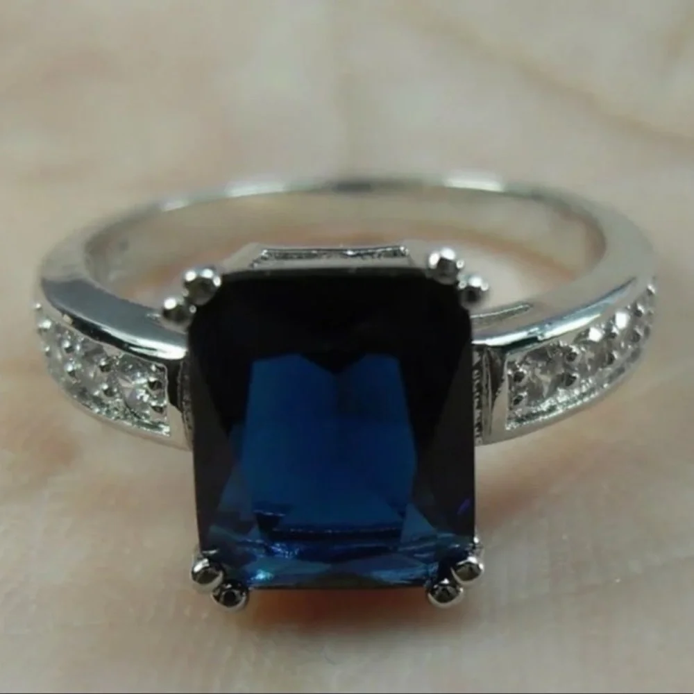 New Natural 3.58CT London Blue Topaz 8 Diamond 14K White Gold Hallmarked Ring